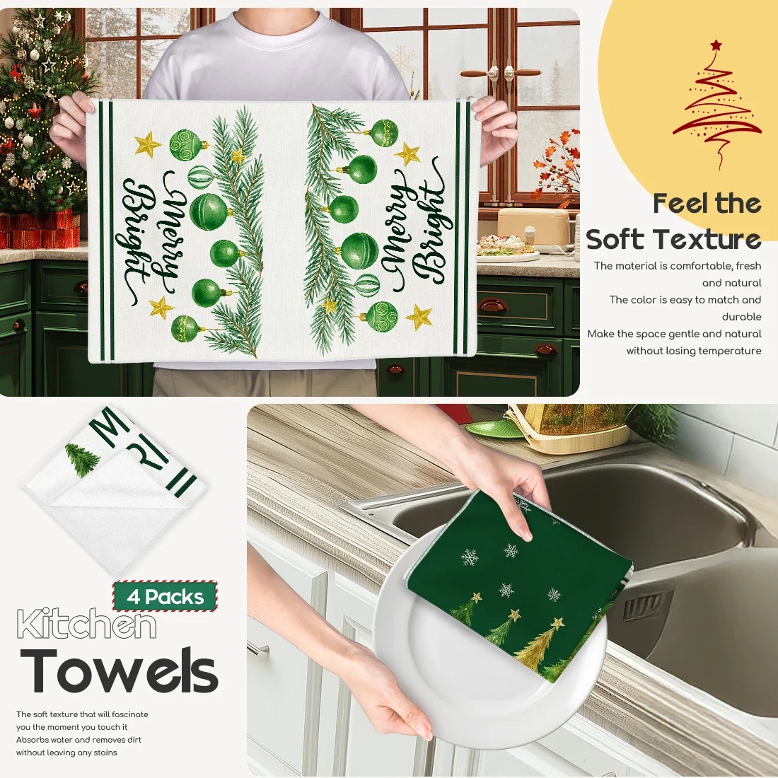 2/4/6pcs set Kitchen Towels Green Christmas snowflakes elkHand Towels Christmas Decorations for Home Noel Dish Towels Gifts