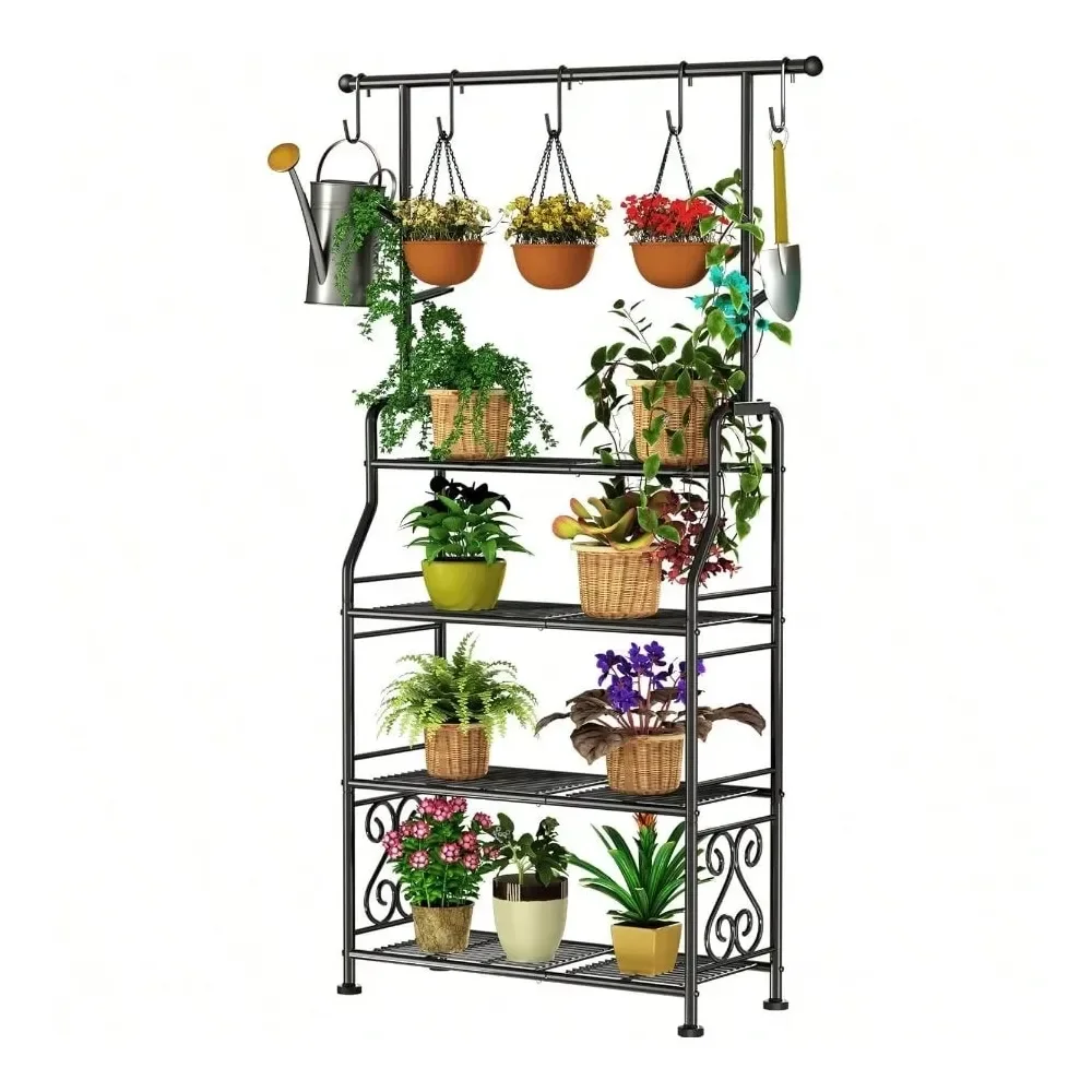 

Plant Stand Indoor Outdoor, 4Tier Heavy Duty Metal Shelves, Display To 17 Multiple Plants, Tall Plant Holder With Plant Hang