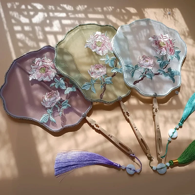 Chinese Style Hand Held Fan Peony Embroidery Portable Fan for Dance Runway Shows Hanfu and Cheongsam Accessories