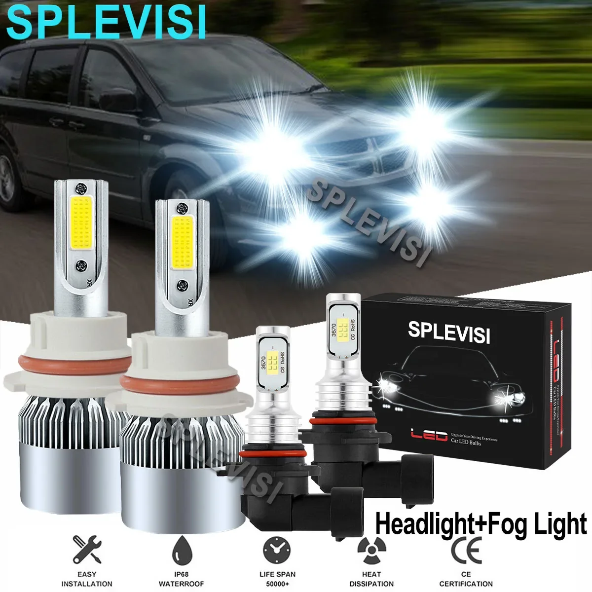 

4x LED Headlight Fog Kit 9007 Hi Low Beam Conversion Bulbs For Dodge Grand Caravan 2001 2002 2003 2004 2005 2006 2007