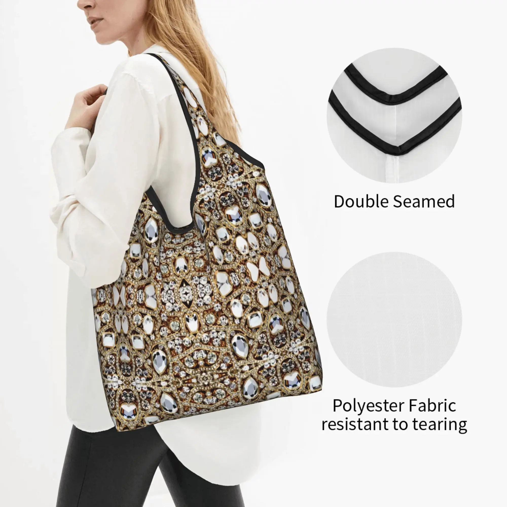Jewelry Gemstone Silver Crystal Grocery Shopping Bags Kawaii Shopper Tote Shoulder Bag Glitter Rhinestones Diamonds Handbag