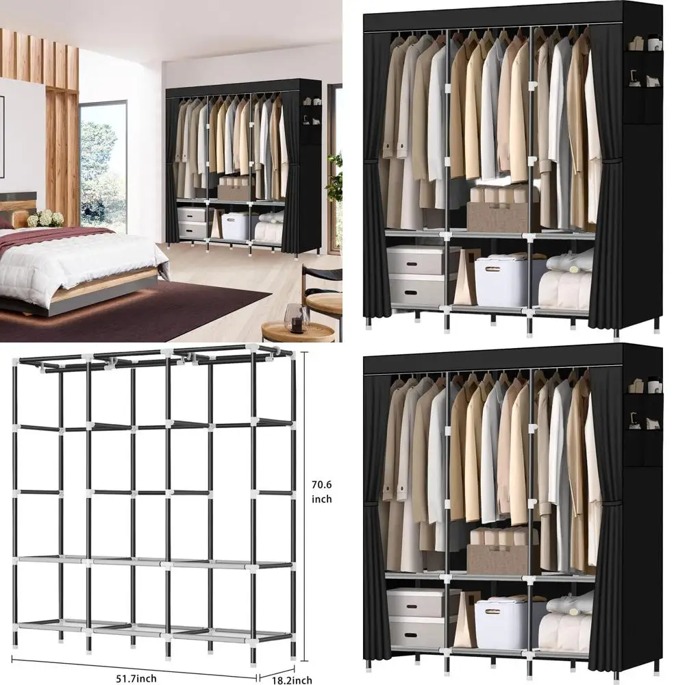 

Sturdy Steel Pipe Portable Closet for Bedroom with 3 Hanging Rods, 6 Shelves, and Side Pockets