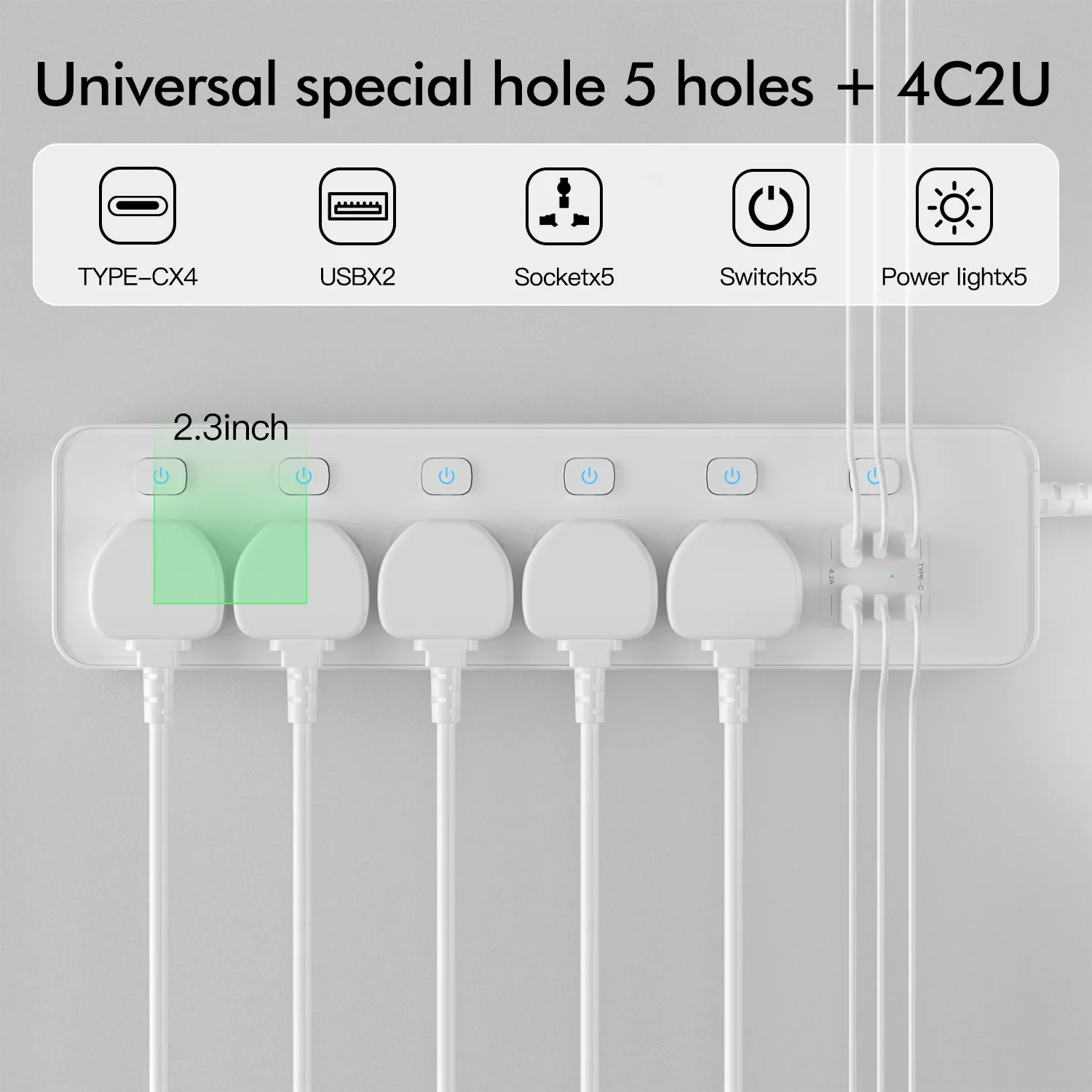 مقبس تمديد قطاع الطاقة العالمي مع منفذ USB Type-c QC3.0 PD 20 واط 2 متر سلامة سنغافورة الاتحاد الأفريقي الاتحاد الأوروبي الولايات المتحدة المملكة المتحدة التوصيل عرام حامي