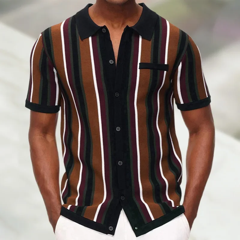 LIBIELIY New Men's Summer Cardigan Knitted T-shirt Business High-end Slim Short Sleeve Lapel Striped Casual Fashion Polo Shirt M