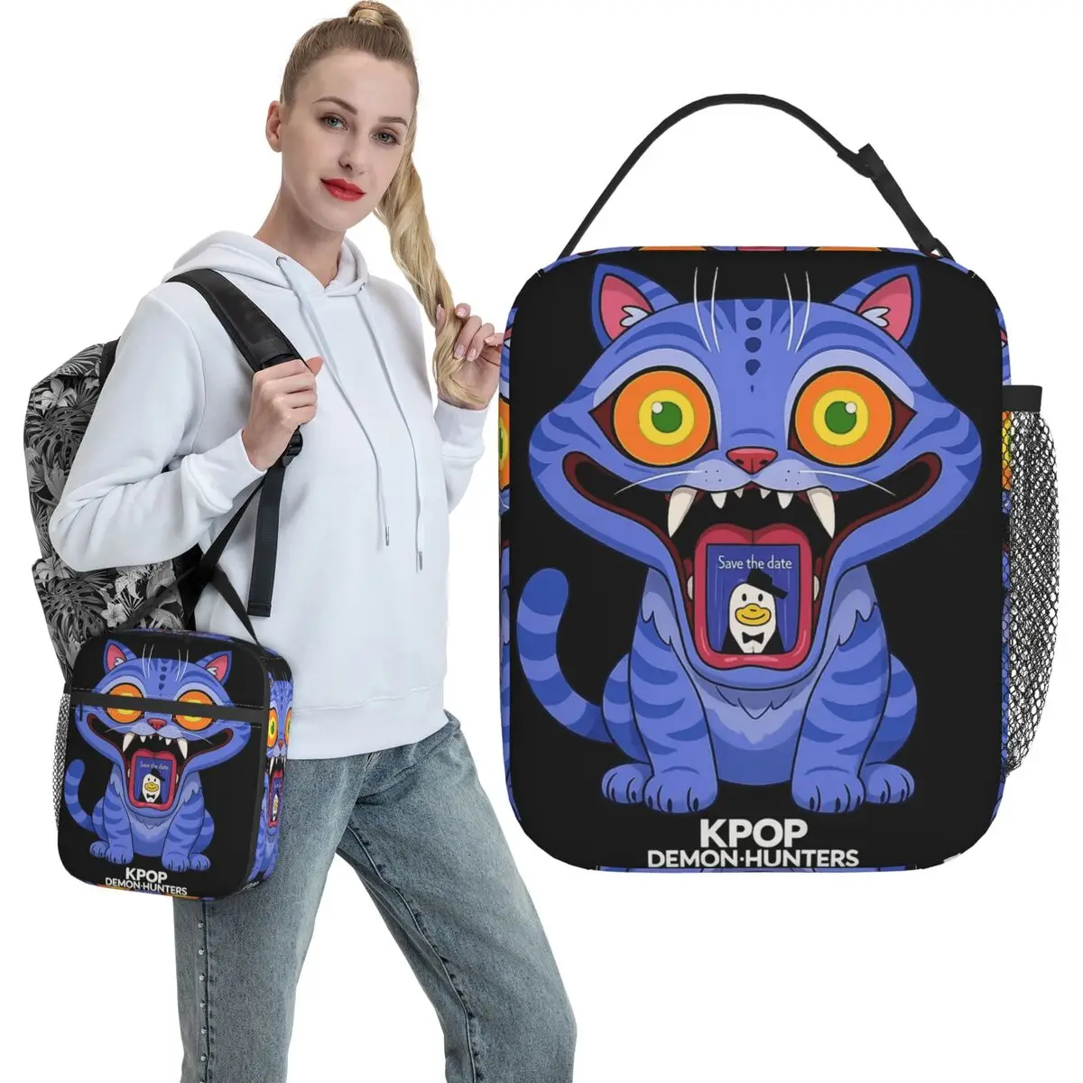 

Blue Tiger KPop Demon Hunters Lunch Bag Outdoor Picnic Lunch Box For Girls Cute Print Tote Food Bags Oxford Portable Cooler Bag