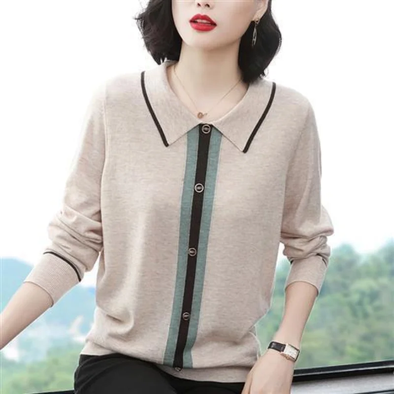 2023 Autumn/Winter New Wide Show Thin Loose Polo Neck Long Sleeve Solid Loose Comfortable Leisure Office Lady Color Female Knit