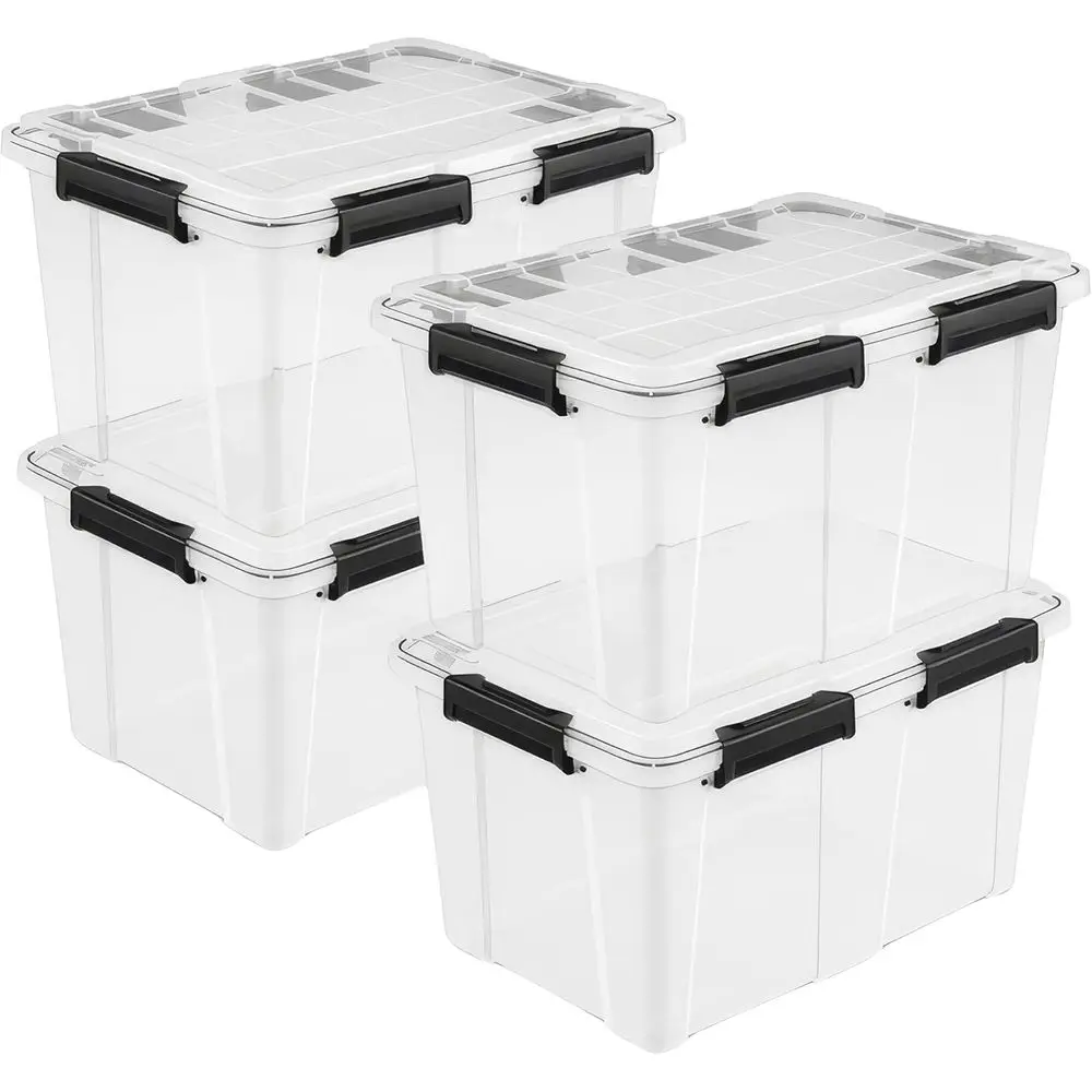 

Stackable Clear Plastic Storage Bins, 4-Piece Set, 54 Qt Capacity for Home and Garage Organization