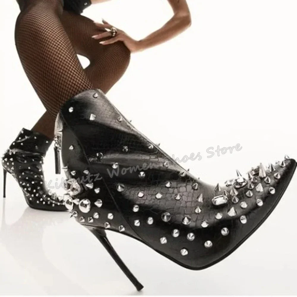 Crystal Rivet Embellished Ankle Booties Genuine Leather Fashion Elegant Luxury Concise Back Zippers Pointed Toe Thin Heels Shoes