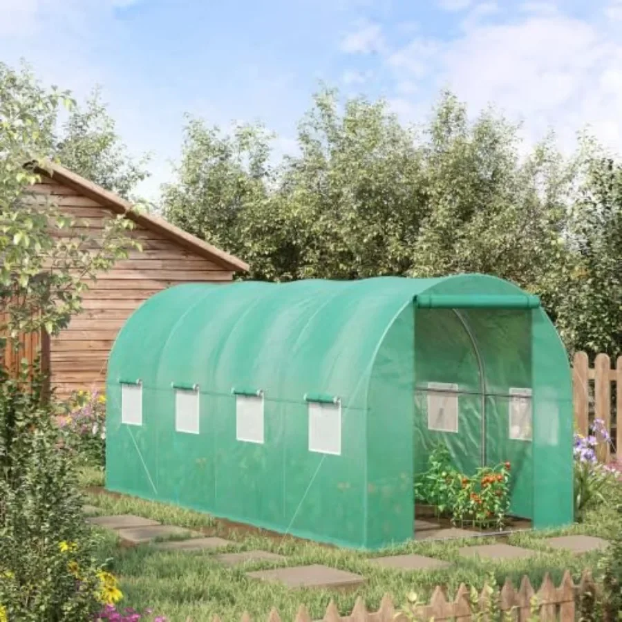 Walk-in Tunnel Hoop Greenhouse PE Cover Green for outdoor gardening, durable polyethylene material, vibrant green color, UV-res