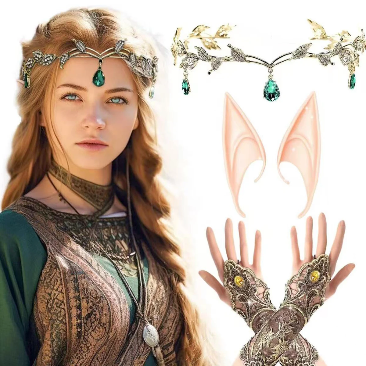 3pcs Baroque Green Crystal Rhinestine Tiaras And Crown Elf Ear Lace Gloves Hair Accessories Set Makeup Party Head Jewelry
