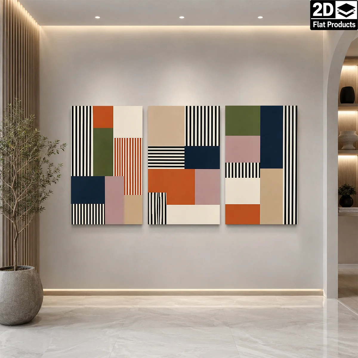 Frameless canvas 2D Flat 3PCS - Abstract geometric art with colored blocks and black white stripes Themed Canvas Wall Art, Wa