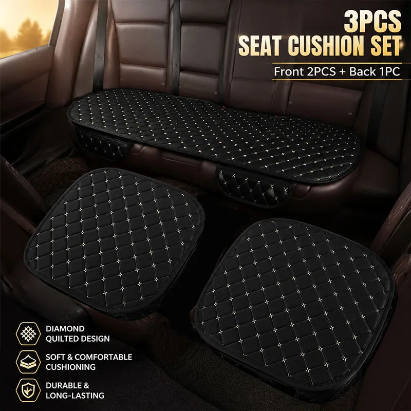 3Pcs Linen Car Seat Cushion Set Diamond Quilted Auto Seat Pads Breathable Non Slip Car Interior Protection Accessories