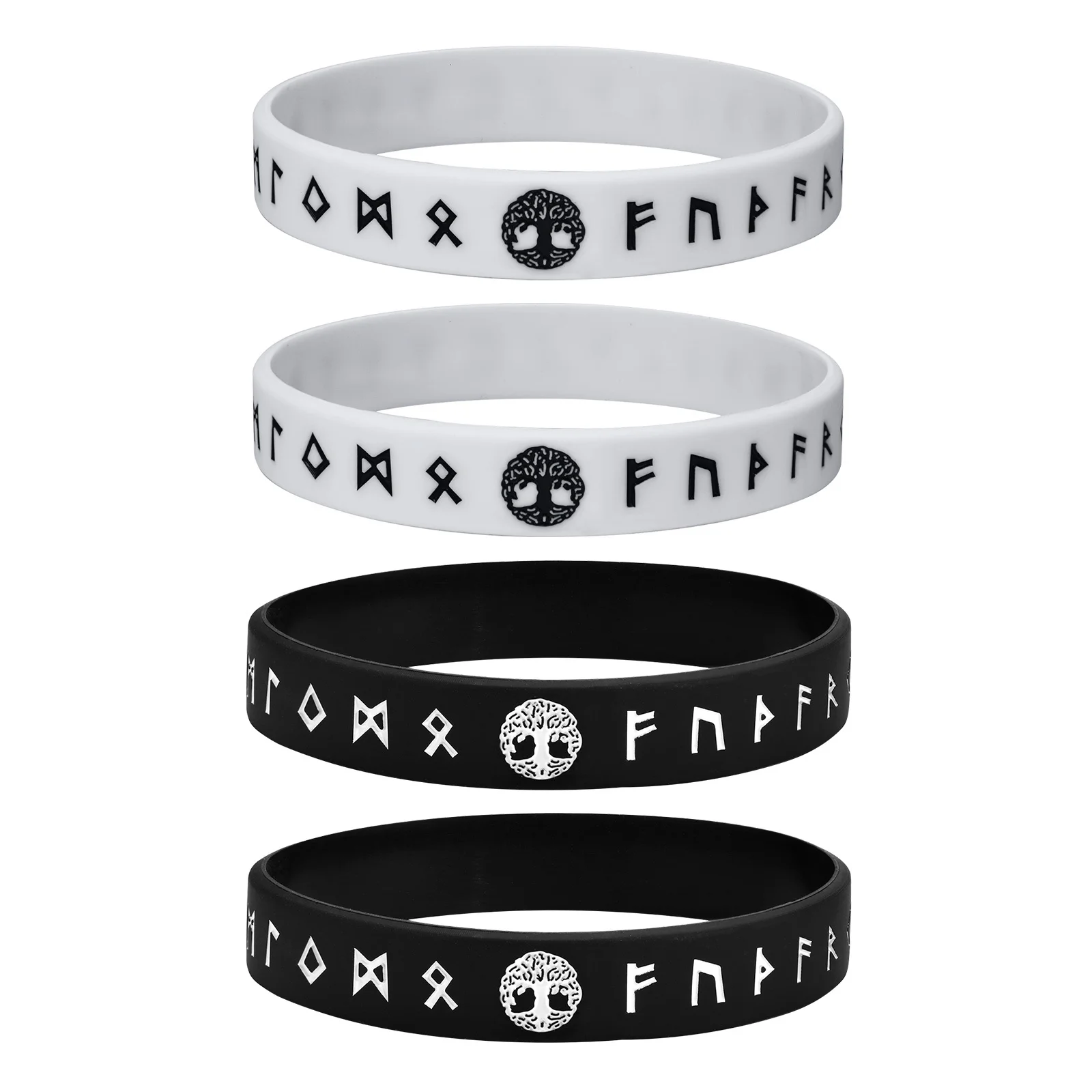 Vnox 1/2/3/4 Pcs Tree of Life Bracelets for Men,Black/White Norse Viking Runes Silicone Rubber Band Wristband Bangle,Comfort Fit