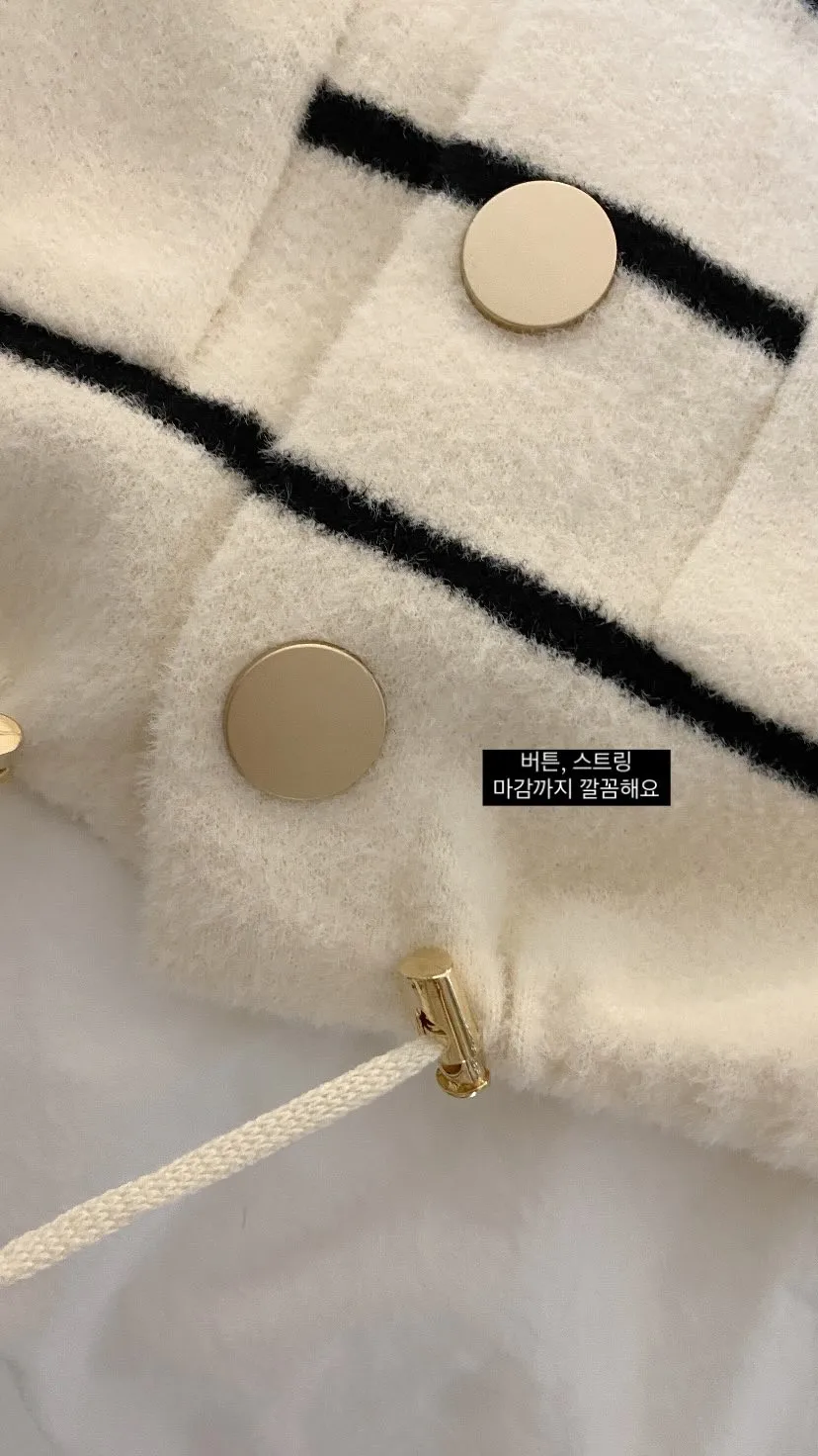 Loose Women's Knitted Cardigan Coat with Big Pockets Striped Splicing Drawstring Hem Single Buttoned Open Front Sweater