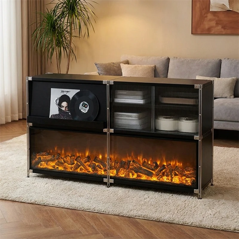 -For European Black Creative Storage Side Cabinet Simulation Flame Fireplace Decor Designer Outdoor Heating Home Fireplace^