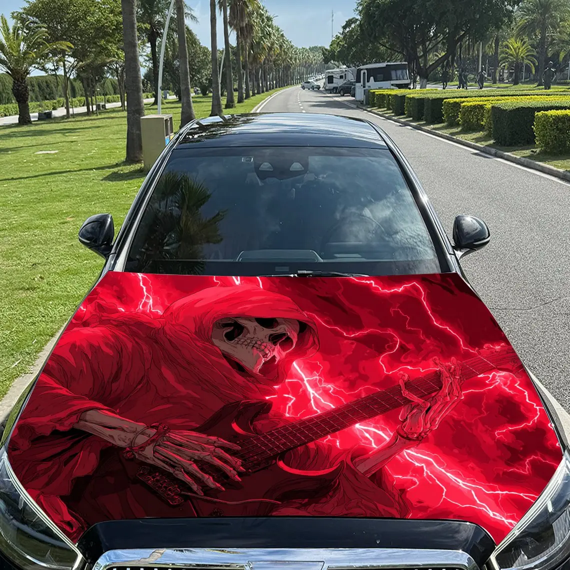 Lightning Rock Skeleton Pattern Car Hood Stickers, Decorative Car Wrap, Bold Designs, Halloween Decorations, Car Parts Accessori
