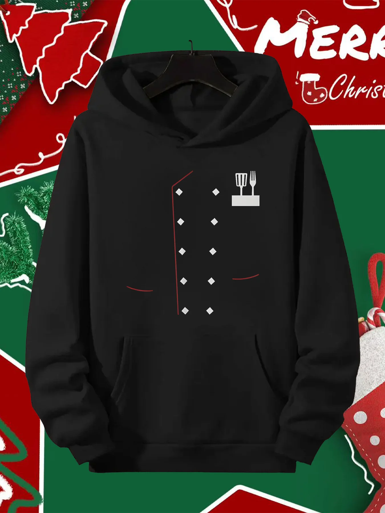 Men Chef Costume Hoodie Chef Jacket Fake Button Utensil Chest Print Cooking Lover Streetwear Sweatshirt