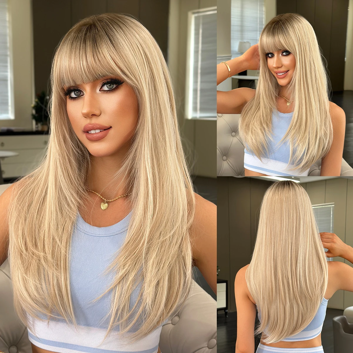 NAMM Lange, gerade, blonde Perücken für Frauen mit Pony, natürlich aussehendes, weiches, hochwertiges synthetisches, hitzebeständiges Faserperückenhaar