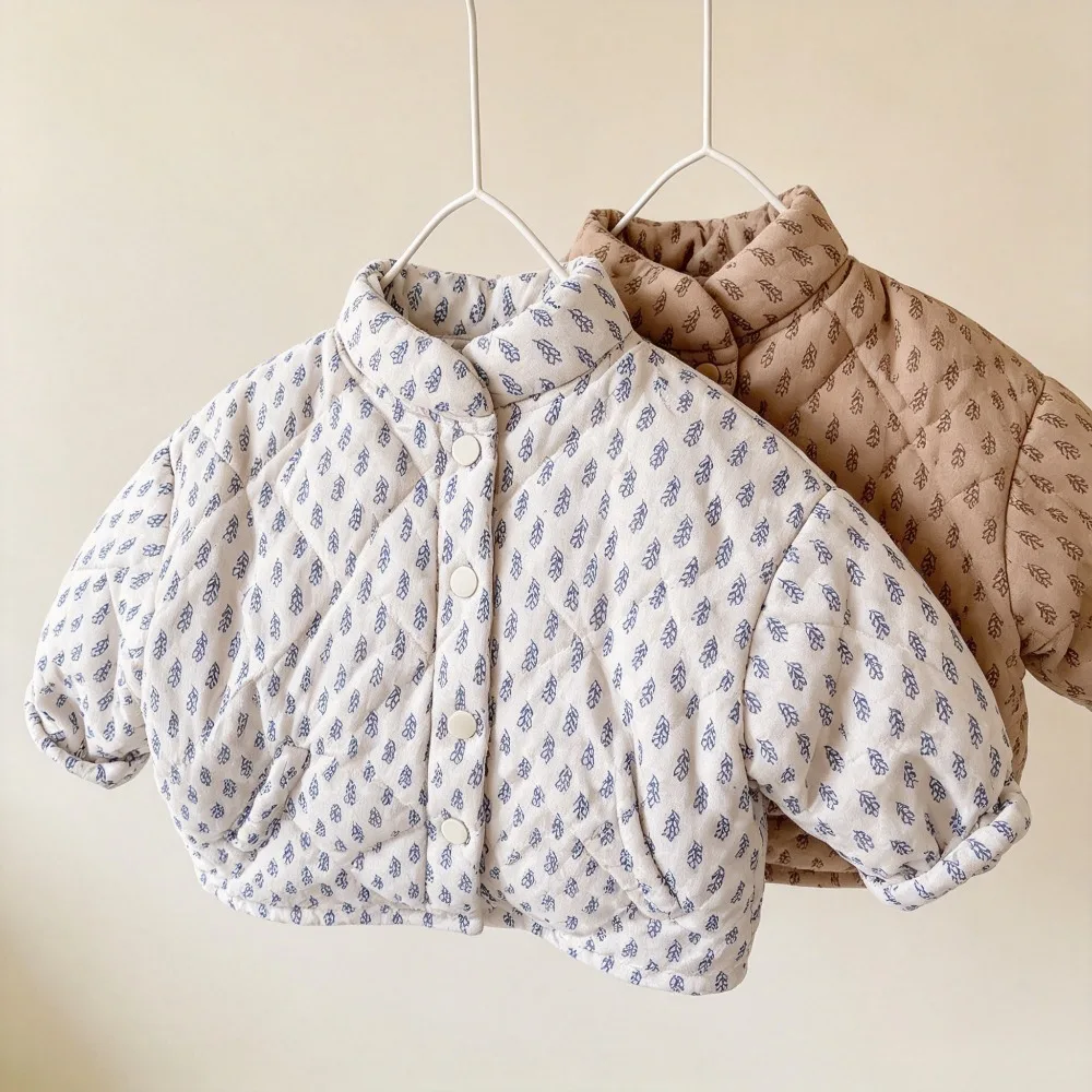 Toddler Floral Quilted Jacket Kids Stand Collar Padded Coat  Button Down Warm Casual Baby Outerwear for Boys Girls Autumn Winter