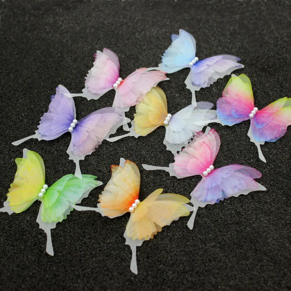 10PCS 4-layer Organza Butteflies w/ Imitation Pearls Handmade 50mm Swallowtail Butterflies Wedding Bridal Butterflies