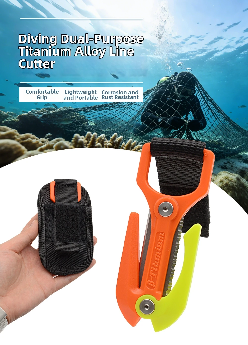 

1x Alloy Dive Line Cutter Dual Edge Rescue Tool For Underwater Fishing Net Rope Cutting Tool Swimming Accessories