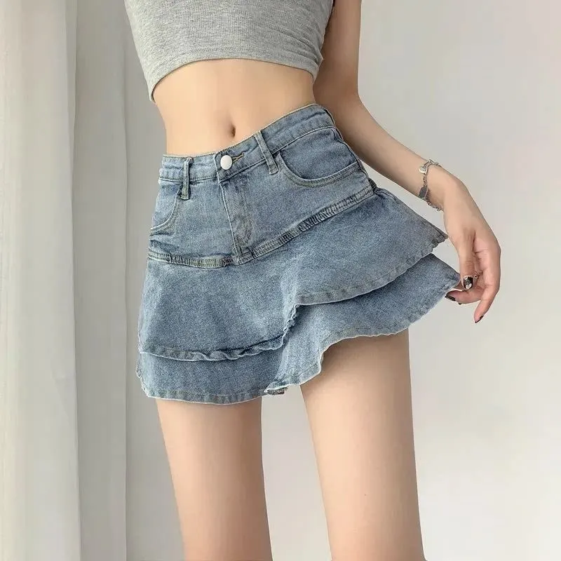 Vintage Denim Skirt Shorts Women Summer Korean Fashion High Waist A-line Wash Blue Slim Cute Sexy Mini Jeans Ruffle Skirt Female