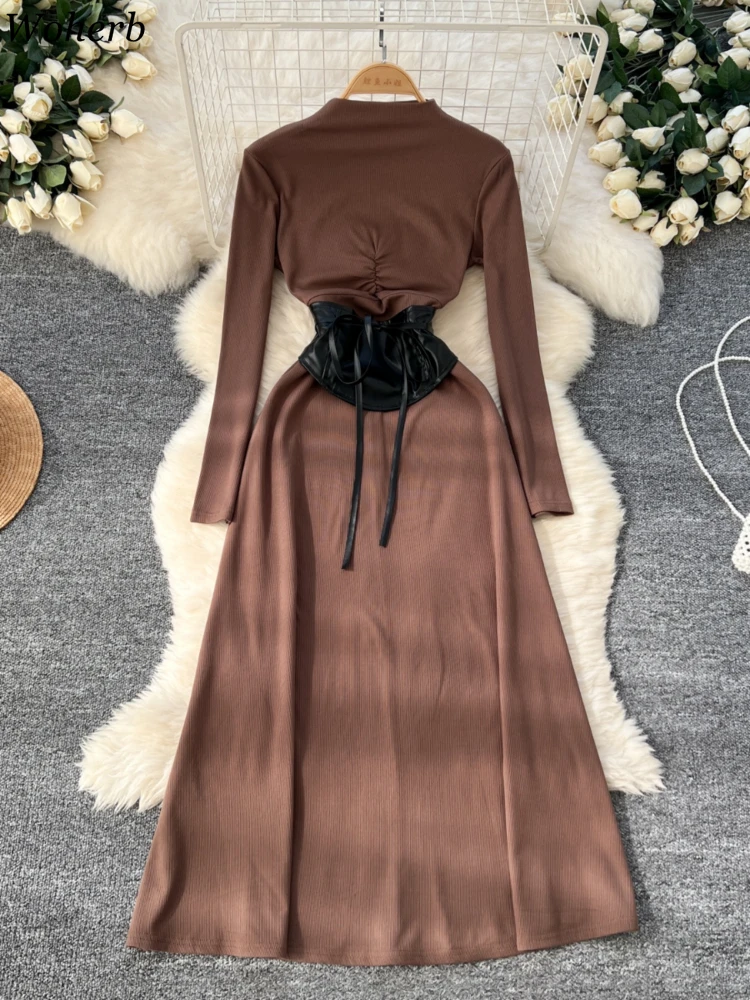 Maxi Belt Dresses for Women 2024 Vestidos De Mujer Solid Color Chic Temperament Robe Femme Vintage Slim Fit Pleated Autumn Dress