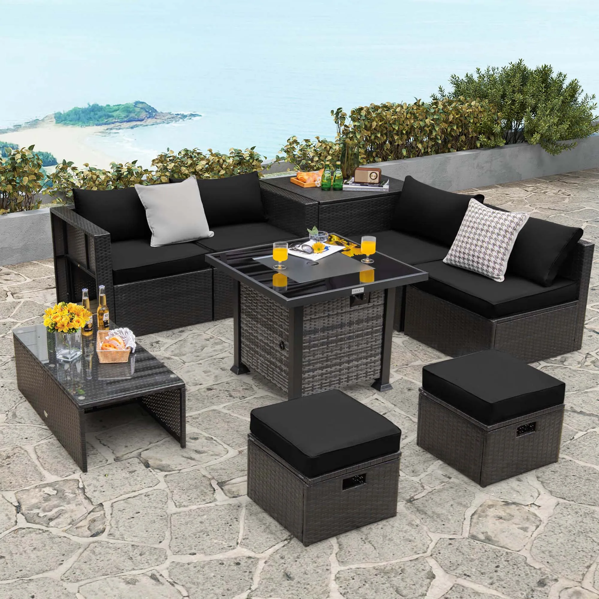 

9 Pieces Patio Furniture Set with 50,000 BTU Propane Fire Pit Table Black