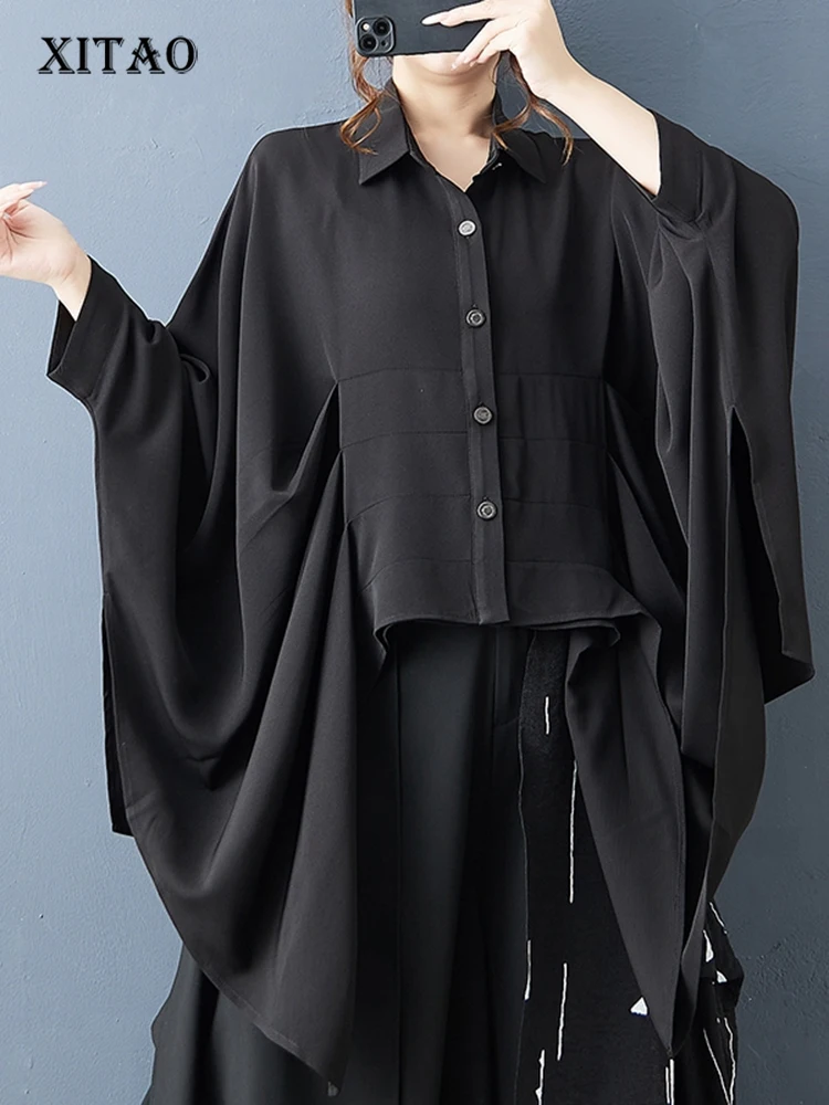 

XITAO Irregular Bat Sleeve All Match Female Blouse Casual 2025 Autumn Turn Down Collar Long Sleeve Women Short GJ1244