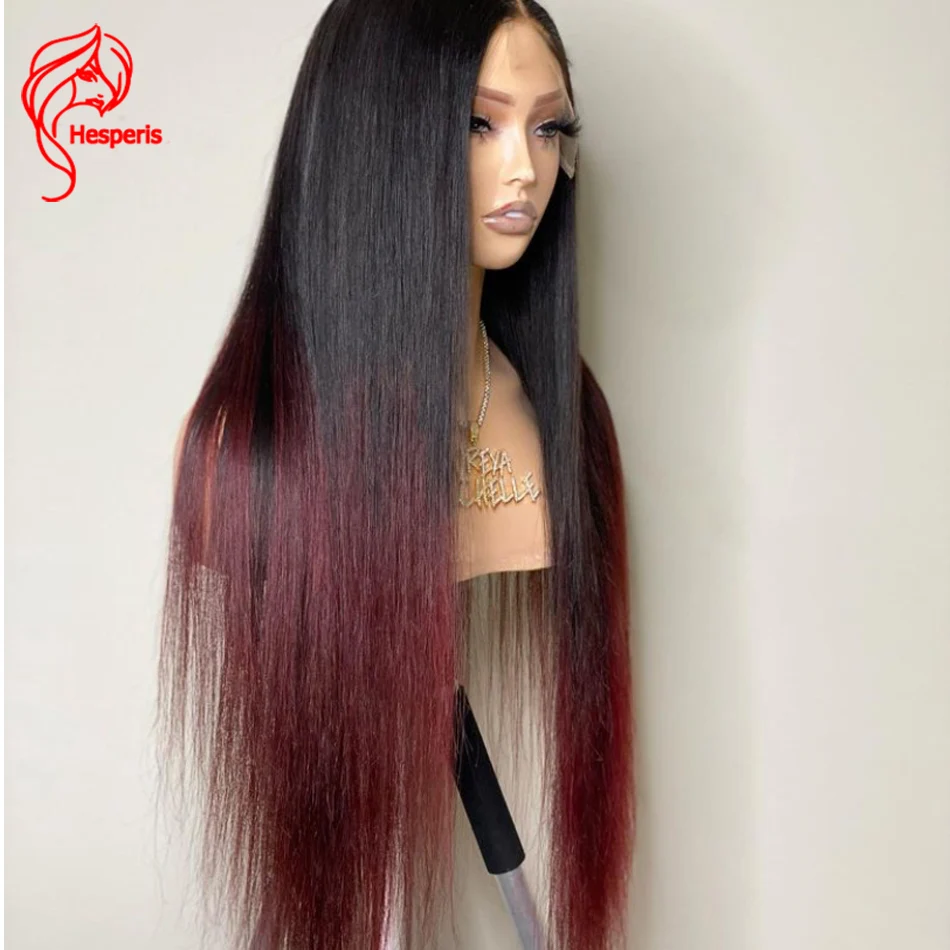 Hesperis Colored 1b/99J Lace Front Human Hair Wig Brazilian Remy Silk Straight Ombre Lace Wigs 1B/Brown Pre Plucked For Women