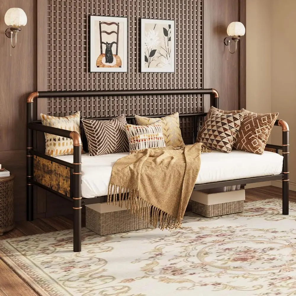 

Durable Steel Twin Daybed with Classic Headboard, Metal Frame, Sofa Bed for Living or Guest Rooms, Brown