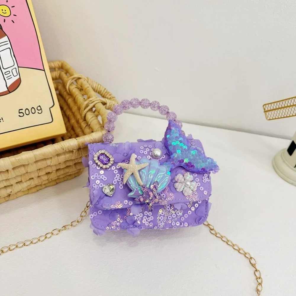 Fashion Polyester Kids Shoulder Bag Square Pearl Chain Crossbody Purse Metal Chain Strap Children Pouch Kids
