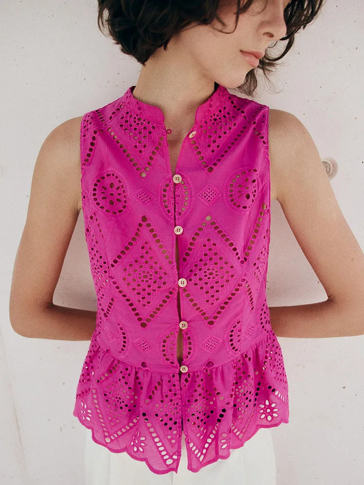 New Summer Women's Embroidered Hollow out Nine-Point Short Skirt Style Top round Neck Sleeveless Traditional Chinese Clothing