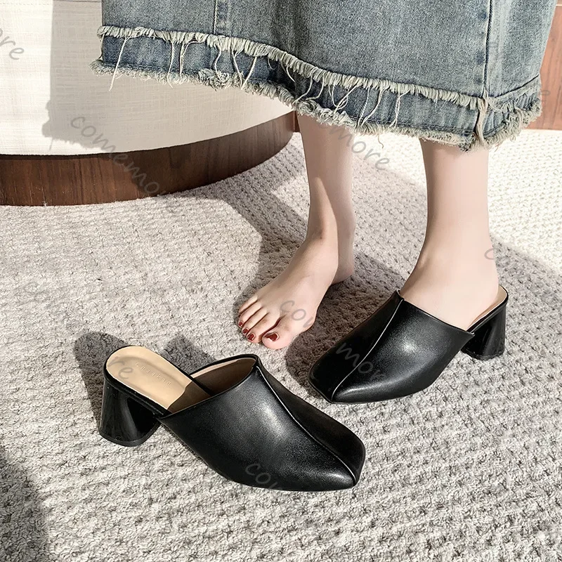 Comemore Baotou Half Slippers Women Square Head High Heels Shoes Fashion Outside Wear Thick Heel Solid Color Mules Slides Shoes