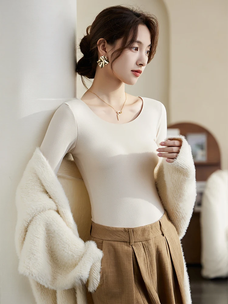 Ropa interior térmica para mujer, camisa base de manga larga con cuello redondo, top sin costuras con autocalentamiento, Otoño e Invierno