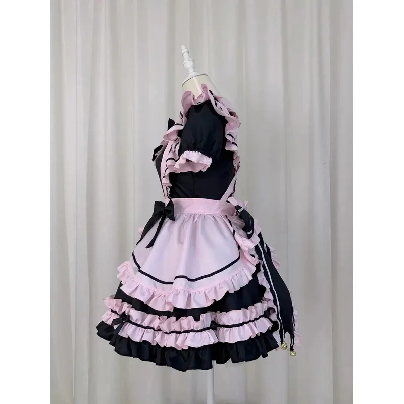 Anime Gothic Lolita JSK ชุดแขนสั้น Kawaii Bow Maid PARTY Dresses คอสเพลย์แมวสาว Harajuku น่ารักสีชมพู ruffles สีดํา