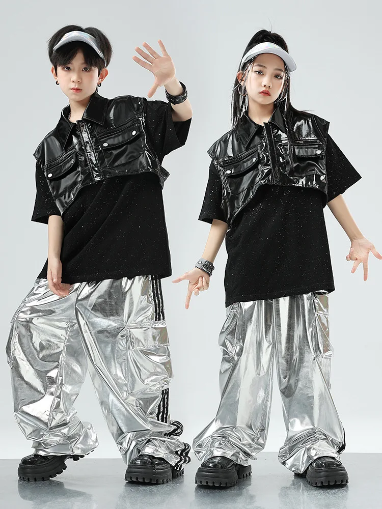 Jungen Hip Hop Leder Motorrad Weste Cargo Hosen Mädchen Weste Street Dance Jogger Kinder Ärmellose Jacke Kind Punk Kostüme