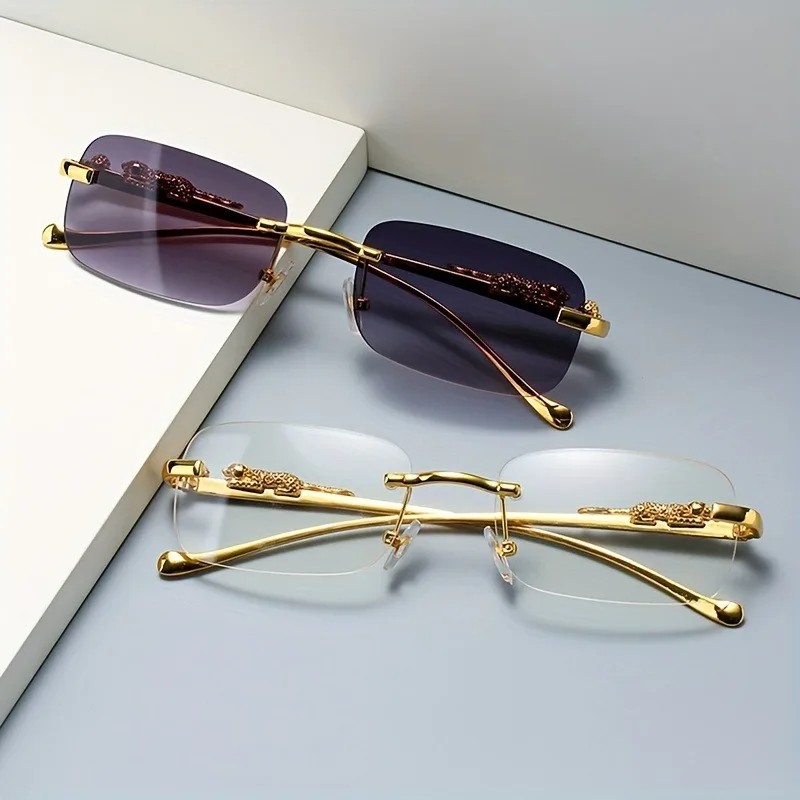 Rahmenlose, rechteckige Modebrille für Damen und Herren, luxuriöses Design mit goldener Metallrand und Leopardenkopfschnalle