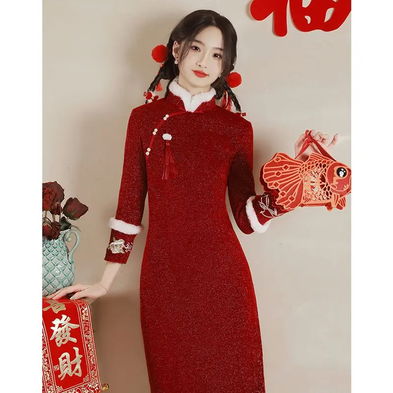 2023 Red Cheongsam Modern Chinese Dress for Girls New Year A-line Dress Women Qipao Traditional Chinese Improved Cheongsam Dress