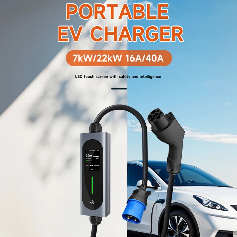 

Portable Single Phase 7KW 32A Electric Vehicle Charger Household Car Mounted Charging Station with LED Display for EV