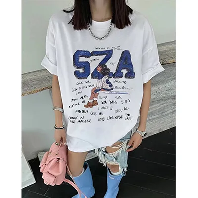 

Y2K Рэпер Звезды Афический Принт Уличная Одежда Хип-Хоп Sle Женская Футболка Европа Америка Фауон Ацетат Волокно 00% Триацетат