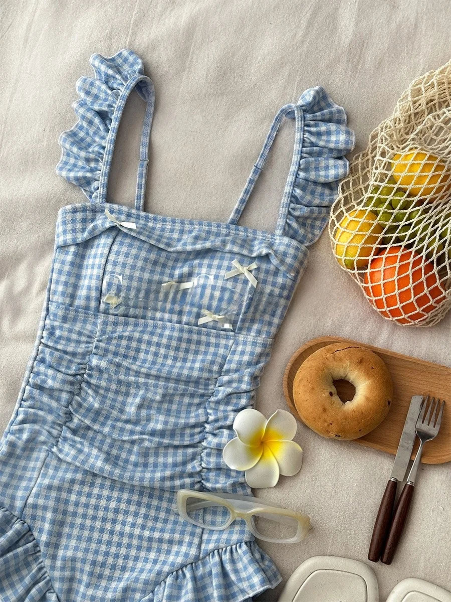 

Blue Plaid One-Piece Swimsuit with Wood ain Ruffle Strap Vaion Fre Island Photoaphy Oversized Sweet Sle Nylon Fabric