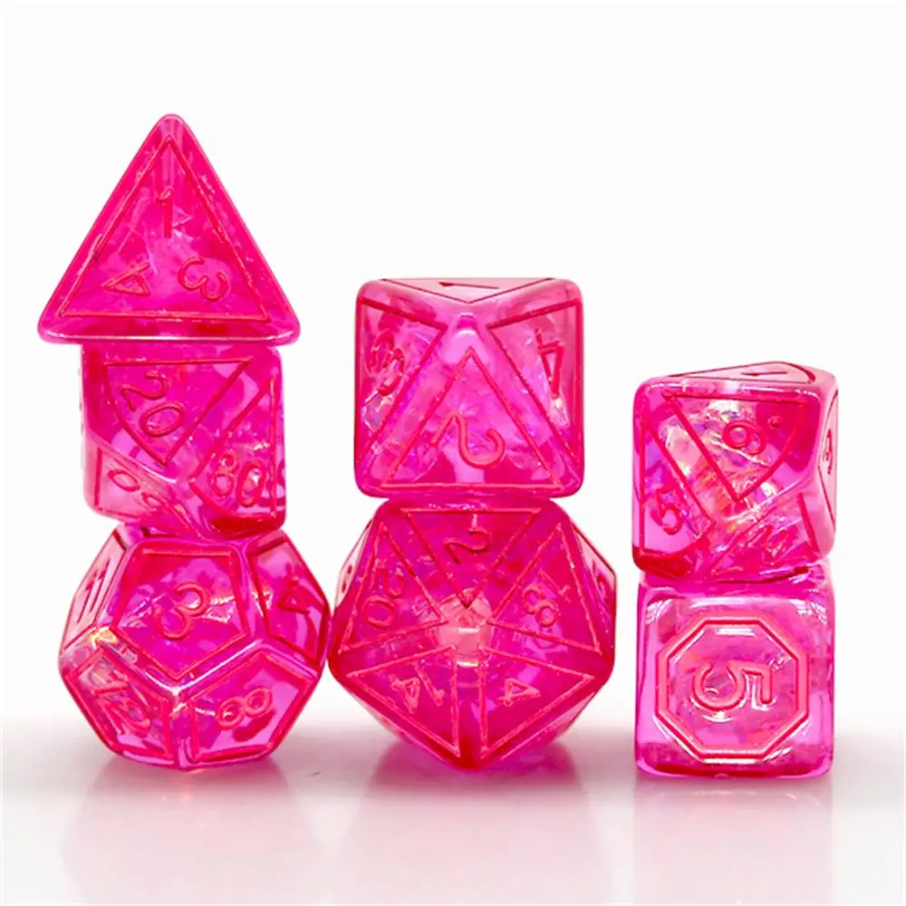 Bright Pink Transparent Resin Dice Set, 7PCS Polyhedral Dice with Engraved Numbers for DND TTRPG & Role-Playing