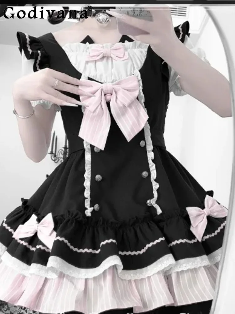 Elegant Lolita Cute Girl Short Sleeve Square Neck Dress Cake Dress Summer Fashion Versatile Age Reduction Party Maid Dresses