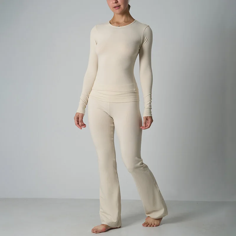 Cotton long-sleeved trousers  set Pure Color Knitted Long Sleeve Yoga Wear Casual Two-Piece Suit Comfortable Autumn Winter