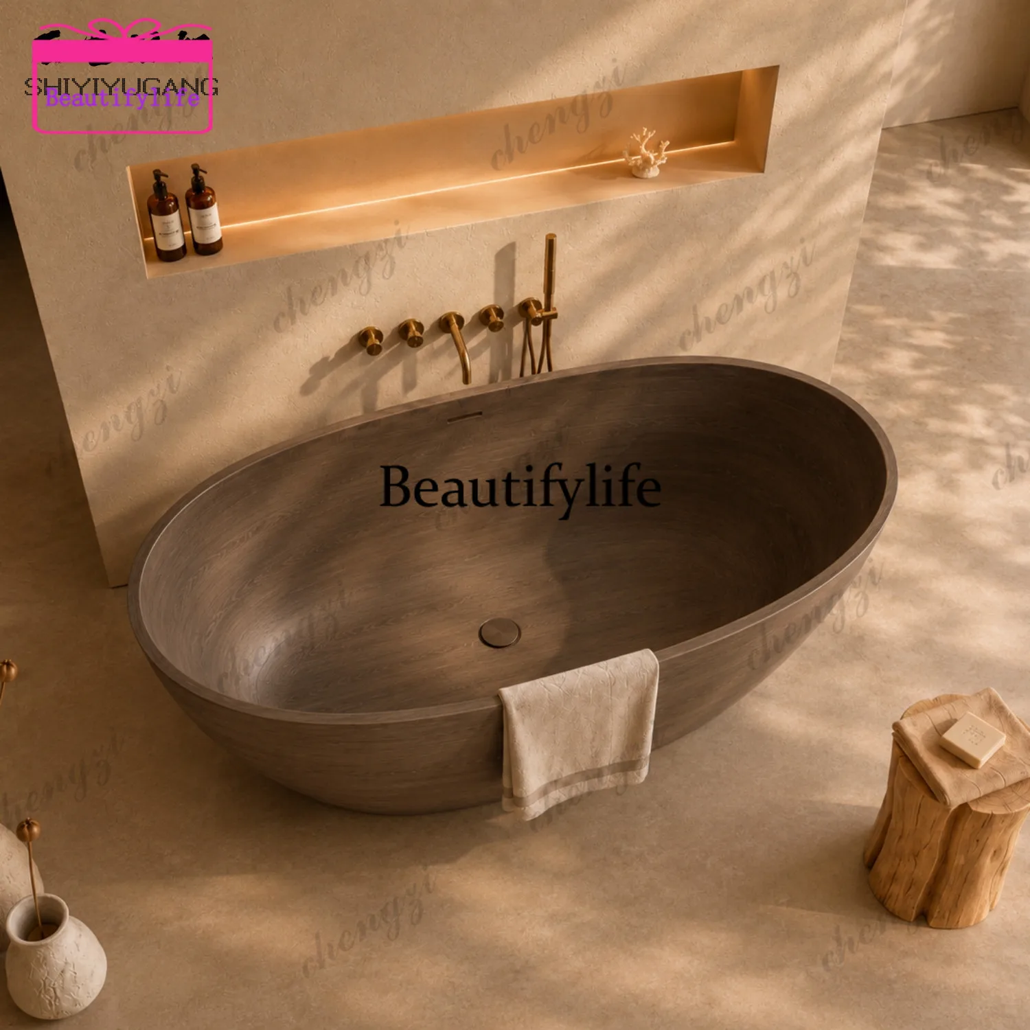 A17 Walnut Oval Qimei Stone Artificial Stone Bathtub Home Bed and Breakfast Art Integrated Detached Bath