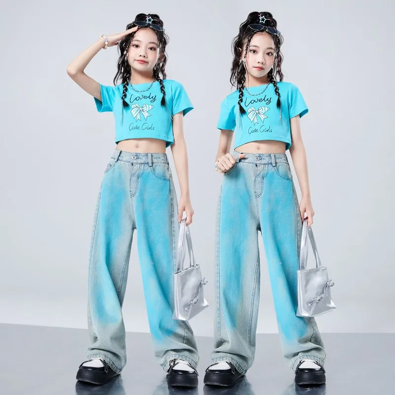 Kids Hip Hop Clothing Blue Crop Top Tank Tshirt Streetwear Gradient Denim Pants Streetwear for Girl Jazz Dance Costume Clothes