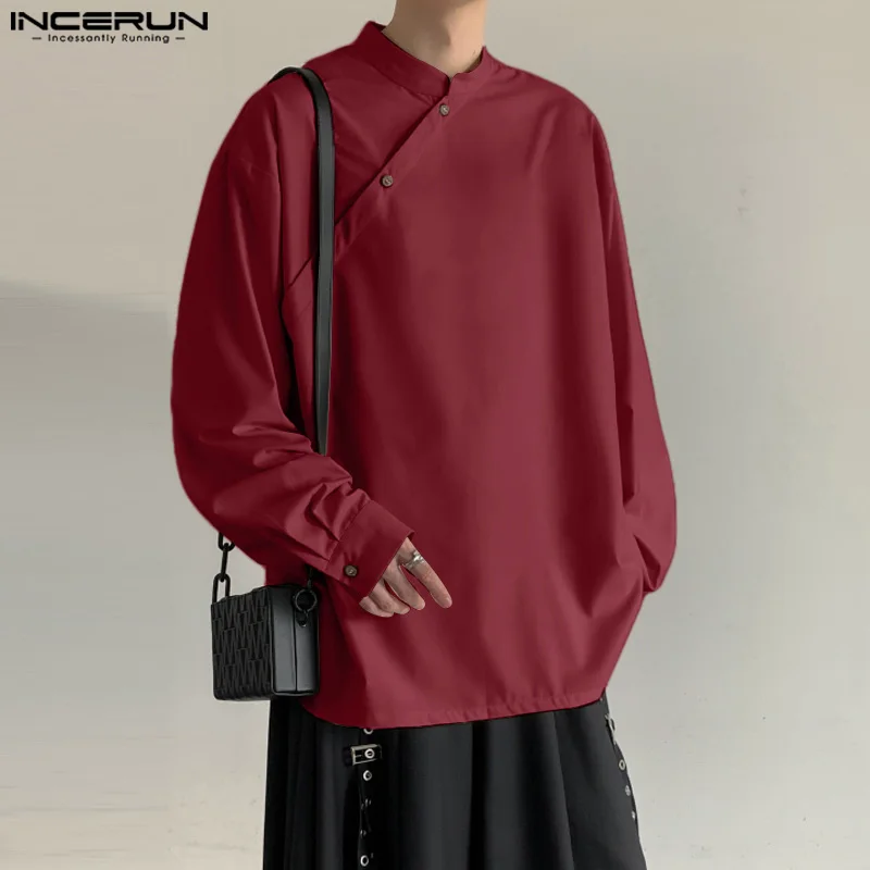 Incerun เสื้อคอตั้งผู้ชายสไตล์เกาหลี, เสื้อเบลาส์ S-5XL ยาวลำลอง