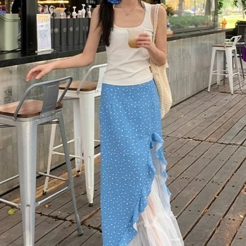 Small Floral Midi Skirt for Women in Summer, High Waist, Loose Fit, Spliced Mesh, Fake Two Piece Long Skirt