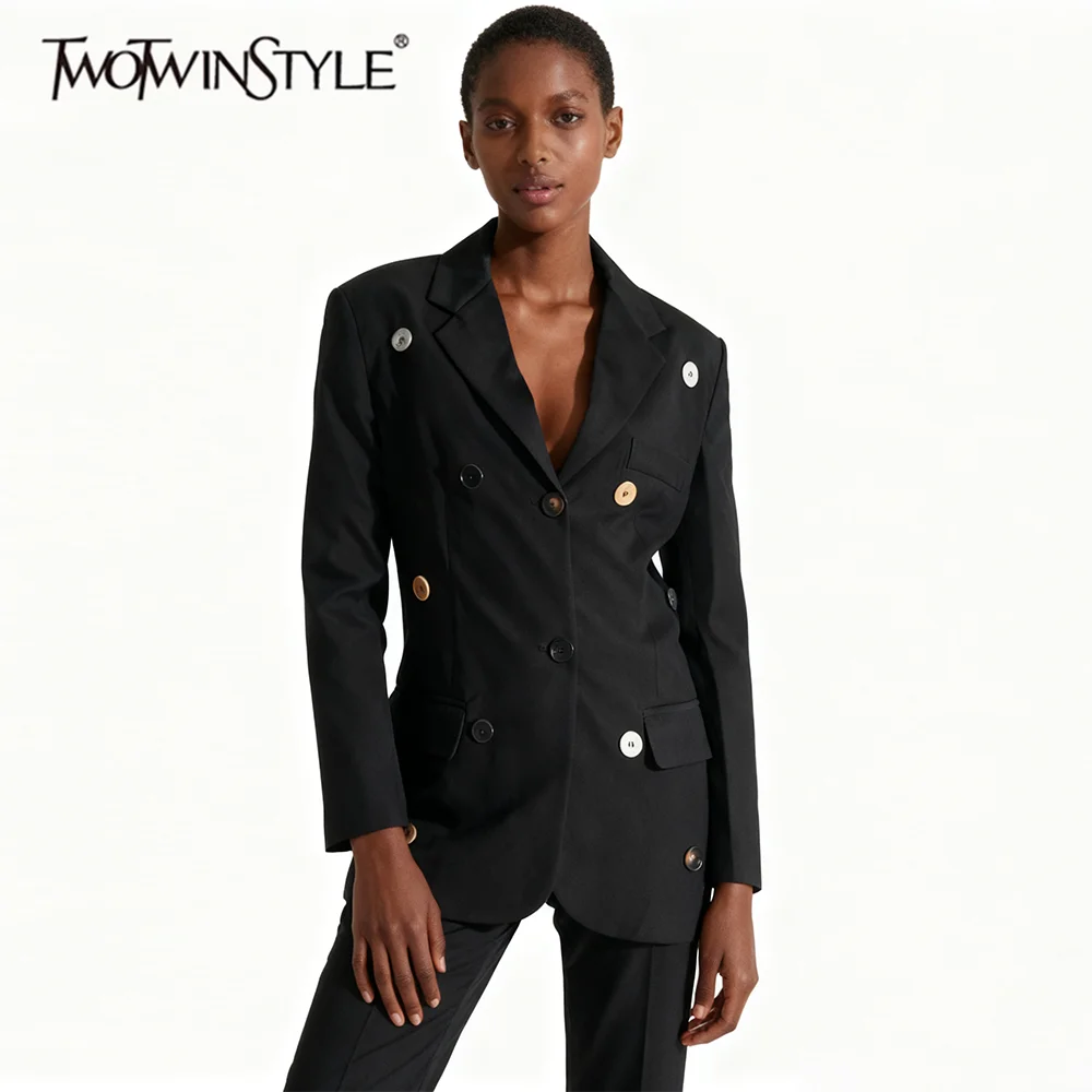 

TWOTWINSTYLE Solid Slimming Spliced Buttons Fashion Blazers for Women Lapel Long Sleeves Tunic Temperament Blazer Female Clothes
